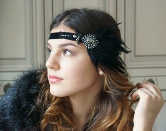 Haarschmuck 20er Haarband Flapper schwarz Spitze Federn Kopfschmuck Gatsby Party headpiece 20s