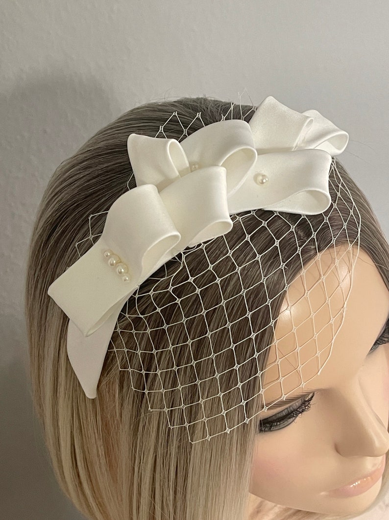 Design bridal veil short bridal satin bows origami pearls ivory wedding fascinator hair accessory headpiece opulent image 4