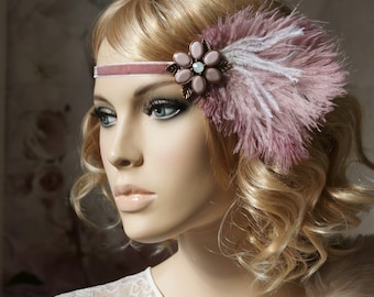 Elegant flapper hairband 20s hair ornament flower brooch old pink vintage look Gatsby party
