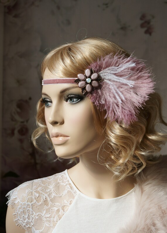 Elegant Flapper Headband, 1920s Pink Hair Accessory, Flower  display picture 2
