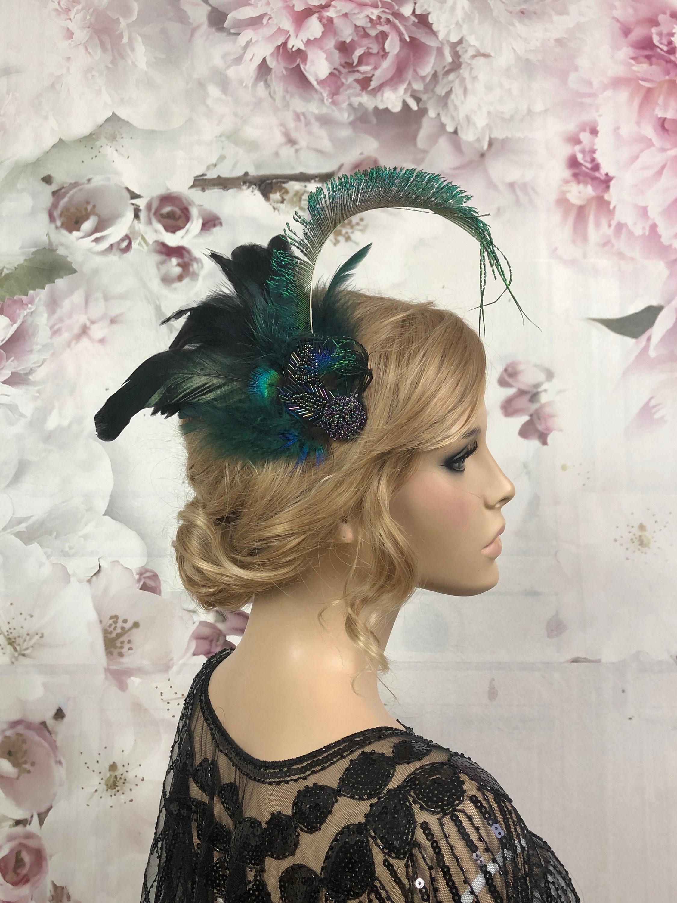 Hair Accessory Fascinator 1920s Flapper Black Green Peacock 
