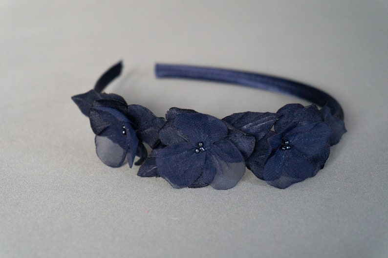 Headband hair accessory delicate flowers dark blue headpiece festive wedding confirmation image 2