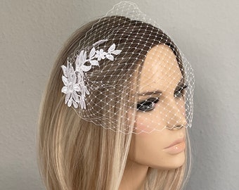 Bridal bandeau veil lace white wedding veil bridal veil face veil wedding hair accessories bird cage headpiece