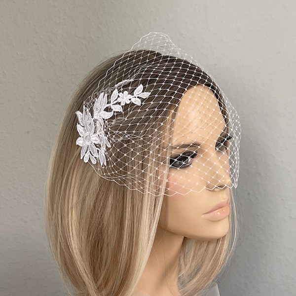 Braut Bandeau Schleier Spitze weiß Hochzeitsschleier Brautschleier Gesichtsschleier Hochzeit Haarschmuck bird cage Kopfschmuck