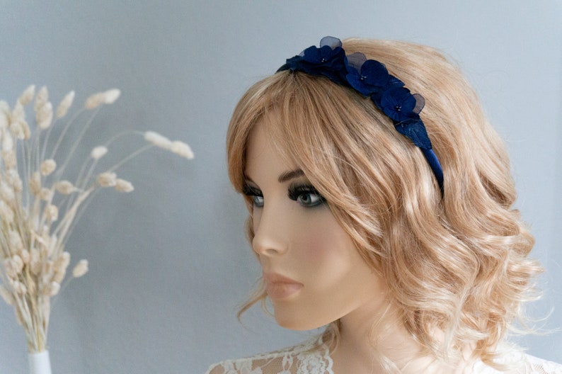 Headband hair accessory delicate flowers dark blue headpiece festive wedding confirmation image 1