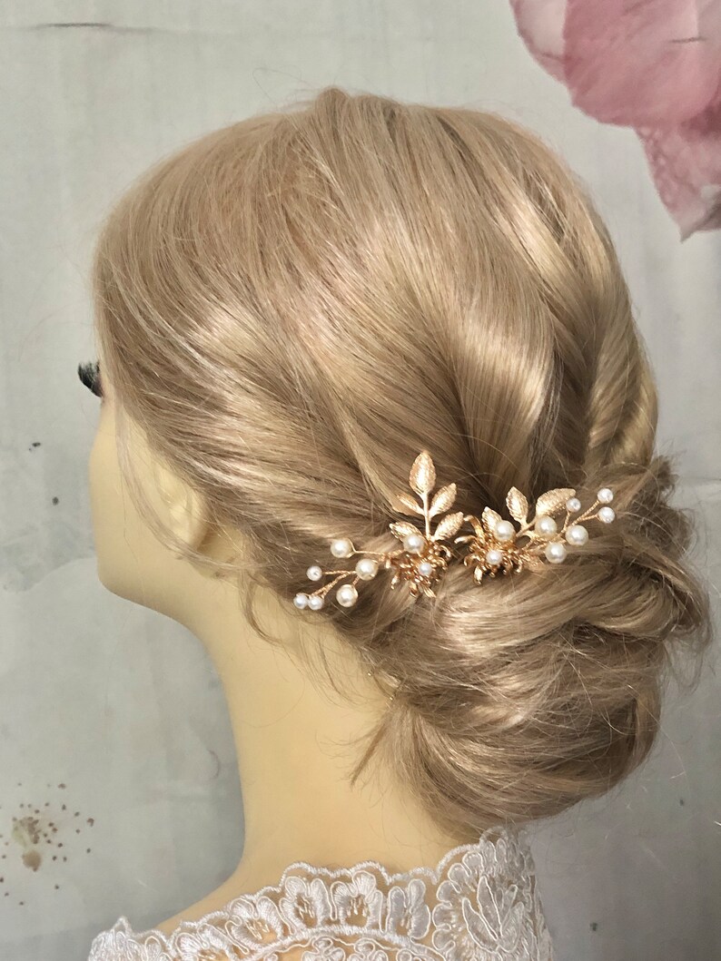 Épingle à cheveux de mariée, fleurs, perles dorées, feuilles, accessoires pour cheveux simples, minimalistes et élégants, couvre-chef de mariage image 8