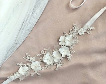 Brautgürtel mini Blumen ivory Spitze Hochzeit schmal Gürtel Braut Schärpe