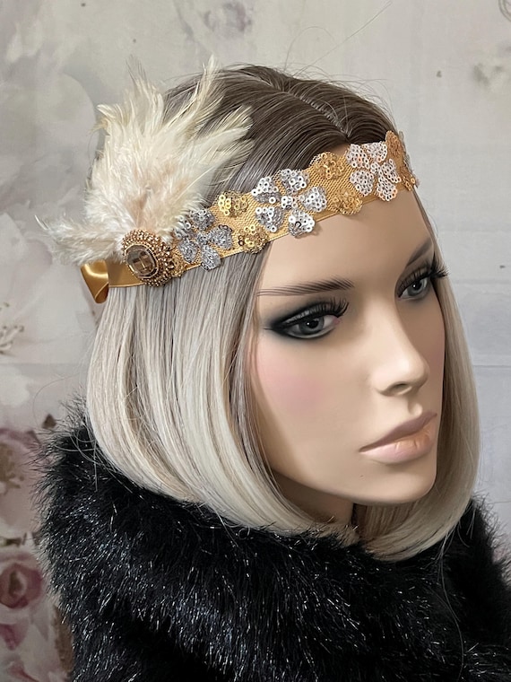 1920s Sequined Hairband, Appliqué, Silver and Gold Brooch 