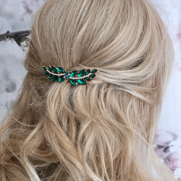 Strass Haarkamm grün Kopfschmuck Goldfarben Blattform edel Braut Haarschmuck Abiball Hochzeit minimalistisch