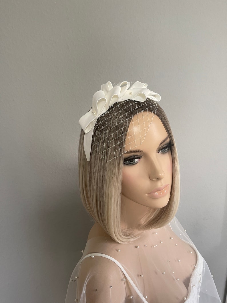 Design bridal veil short bridal satin bows origami pearls ivory wedding fascinator hair accessory headpiece opulent image 1