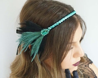 Haarschmuck 20er schwarz grün Flapper headpiece 20s Pailletten Federn Gatsby Haarband Brosche Party Kopfschmuck