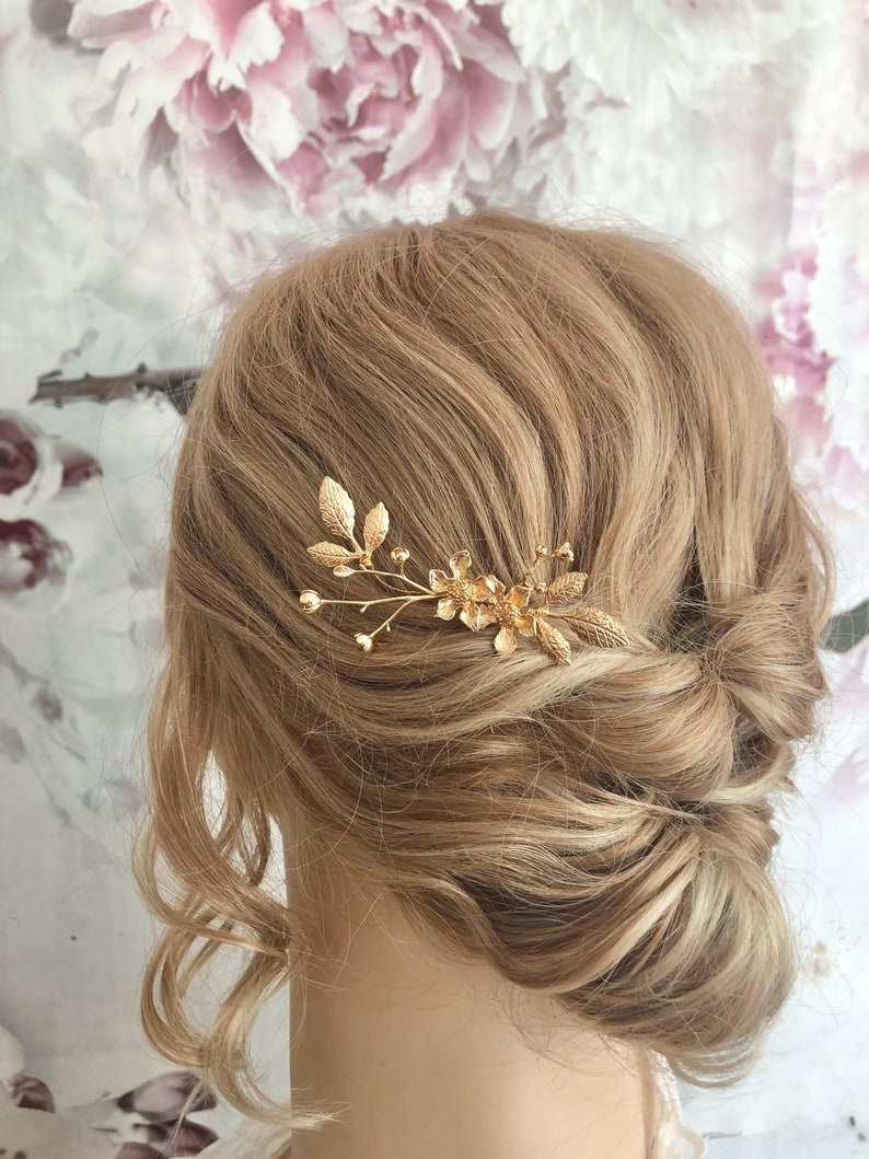 Braut Haarnadel Blumen goldfarben schlicht minimalistisch edel Haarschmuck Hochzeit Kopfschmuck Bild 7