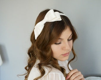 Bridal headband silk bow ivory wedding headpiece classic noble hair accessory 50s