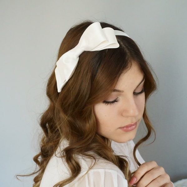 Bridal headband silk bow ivory wedding headpiece classic noble hair accessory 50s