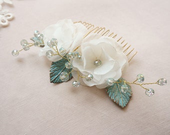 Bridal hair accessories floral ivory pearl tendril patina leaves hair comb botanical wedding style headpiece