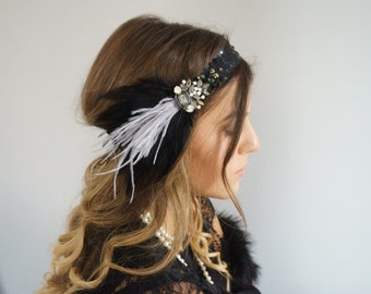 Accessoires pour cheveux années 20 élégant bandeau à paillettes coiffure opulente plumes gris noir Gatsby Party