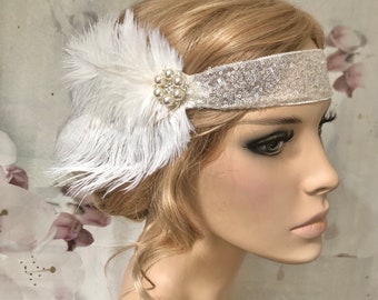 Accessoires pour cheveux sequin clapet cheveux bande années 20 mariée ivoire perles strass broche plumes ivoire Gatsby fête casque mariage art déco