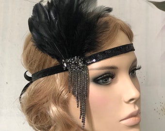Haarschmuck 20er schwarz edel Flapper Strass Pailletten Stirnband Federn Gatsby Haarband Brosche Party Kopfschmuck