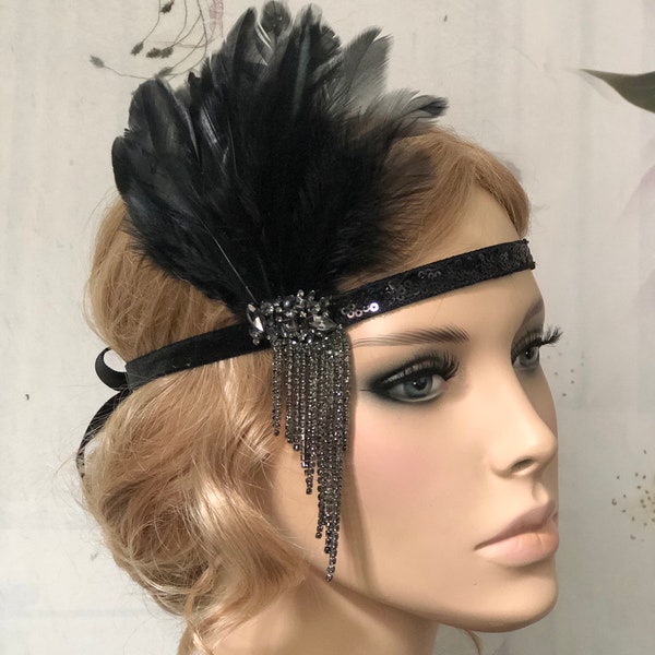 Haarschmuck 20er schwarz edel Flapper Strass Pailletten Stirnband Federn Gatsby Haarband Brosche Party Kopfschmuck