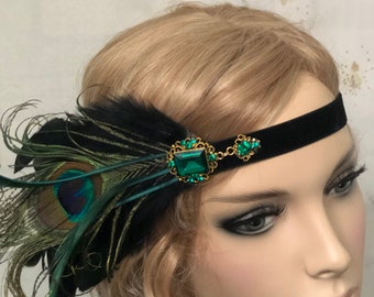 Opulenter Flapper Haarschmuck Haarband 20er Federn schwarz grün Pfau Feder Brosche hedpiece 20s Gatsby Kopfschmuck