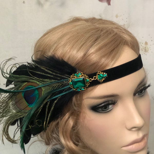 Opulenter Flapper Haarschmuck Haarband 20er Federn schwarz grün Pfau Feder Brosche hedpiece 20s Gatsby Kopfschmuck