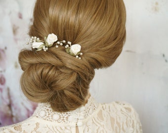 Épingle à cheveux de mariée ensemble roses ivoire avec perles argent or cheveux accessoires coiffure tressée bouchon coiffure