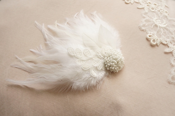 Bridal Hair Accessory Fascinator Feathers Lace Ivory Pearl 