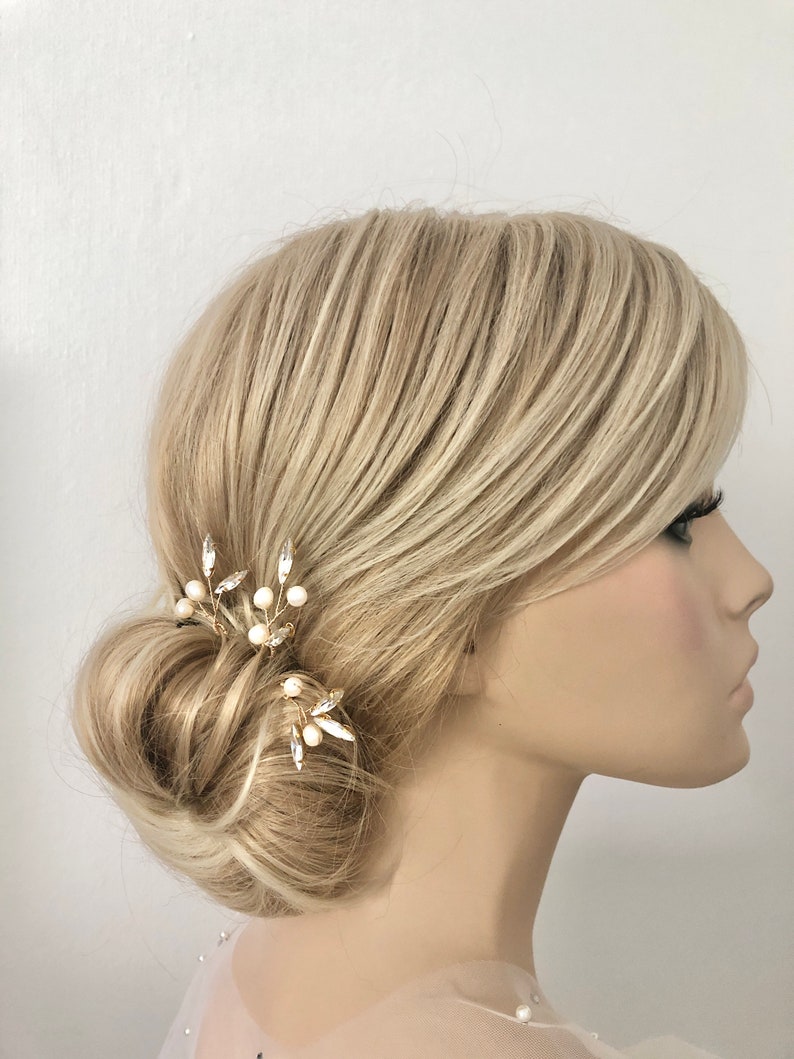 Épingle à cheveux de mariée, perles d'eau douce couleur or, strass, accessoires pour cheveux simples, minimalistes et élégants, couvre-chef de mariage image 4