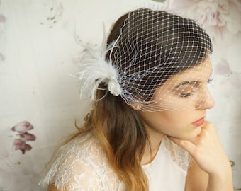 Braut Bandeau Schleier Hochzeitsschleier Brautschleier Gesichtsschleier Federn ivory Hochzeit Haarschmuck bird cage Kopfschmuck