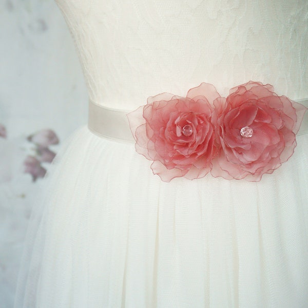 Bridal belt with flowers pink ivory wedding accessory flower belt "Rosalie" romantic wedding dress sash