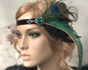 Opulenter Flapper Haarschmuck Haarband 20er Federn schwarz grün Pfau Feder Brosche hedpiece 20s Gatsby Kopfschmuck