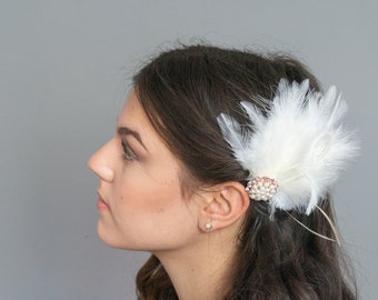 Plumes de mariée Fascinator ivory perles Broche or rose or chevelure mariage coiffure boho vintage look