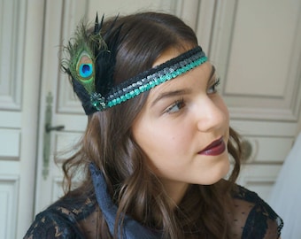 Pfau Pailletten Haarband 20er grün schwarz Roaring 20s Flapper Haarschmuck Gatsby Party Federn