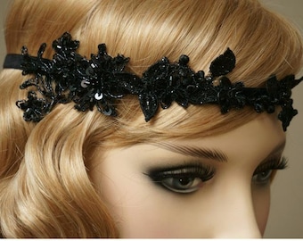 Spitzen Haarband 20er Vintage Look Flapper Kopfschmuck Perlen schwarz Gatsby Headband 20s