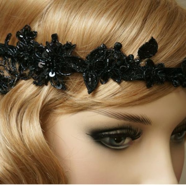 Spitzen Haarband 20er Vintage Look Flapper Kopfschmuck Perlen schwarz Gatsby Headband 20s