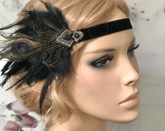 Opulenter Flapper Haarschmuck Haarband 20er Federn schwarz Pfau Feder Brosche hedpiece 20s Gatsby Kopfschmuck