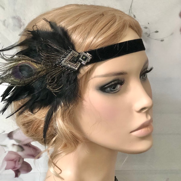 Opulenter Flapper Haarschmuck Haarband 20er Federn schwarz Pfau Feder Brosche hedpiece 20s Gatsby Kopfschmuck