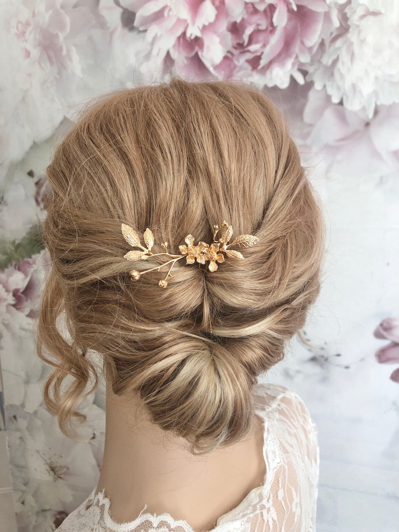 Braut Haarnadel Blumen goldfarben schlicht minimalistisch edel Haarschmuck Hochzeit Kopfschmuck Bild 1