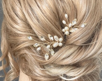 Set of 2 bridal hairpins, pearls, rhinestones, gold-colored, simple, minimalist bridal hair accessories, wedding, delicate headpiece, hairpins, hair clips