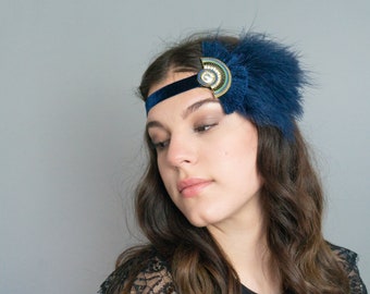art deco Flapper Hairband 20s Dark Blue Great Gatsby Party Headdress Feathers Noble Opulent