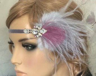 Gatsby Flapper Haarband 20er Federn grau rosa Strass Brosche art deco Kopfschmuck Party 1920 Haarschmuck