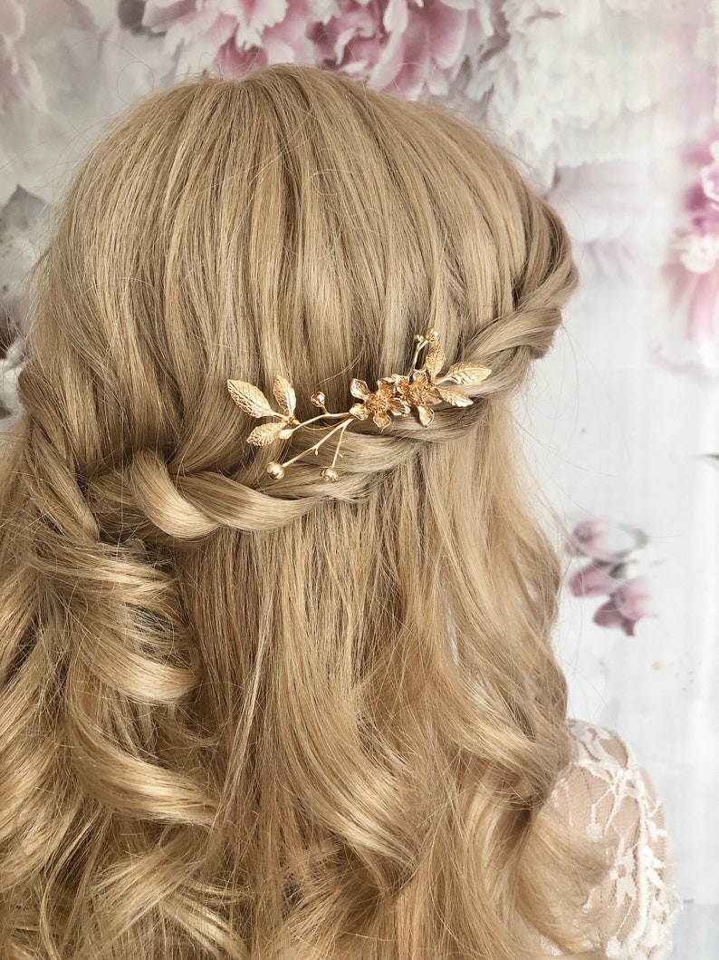 Braut Haarnadel Blumen goldfarben schlicht minimalistisch edel Haarschmuck Hochzeit Kopfschmuck Bild 3