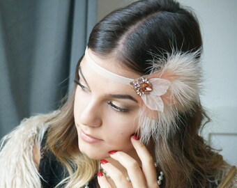 Eleganter Flapper Haarband 20 er Stirnband nude Roaring 20s headpiece great Gatsby Party kopfschmuck Federn Haarschmuck Brosche