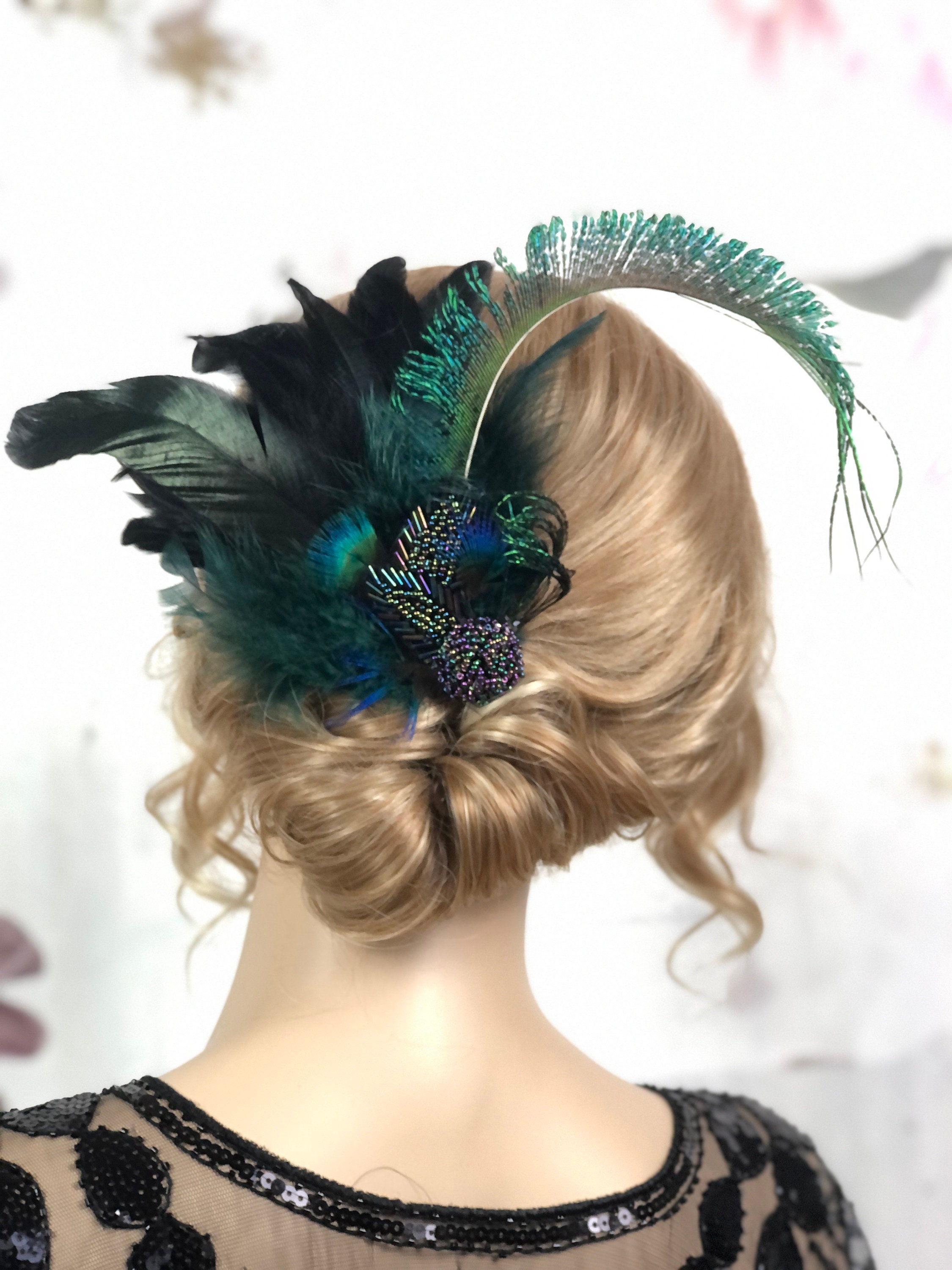 9758 1920s Peacock Feather Hair Clip Black Fascinatir Flapper Gatsby Hair Accessory Fascinator 1920s Flapper Black Green Peacock  main image 3
