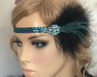 Haarschmuck 20er schwarz grün blau Flapper Haarband Pailletten Federn Gatsby Kopfschmuck Brosche Party Kopfschmuck