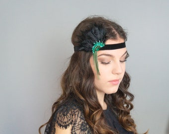 Ruban capillaire Flapper 20 ressorts vert noir art deco coiffure de décoration festive Gatsby Haatschmuck