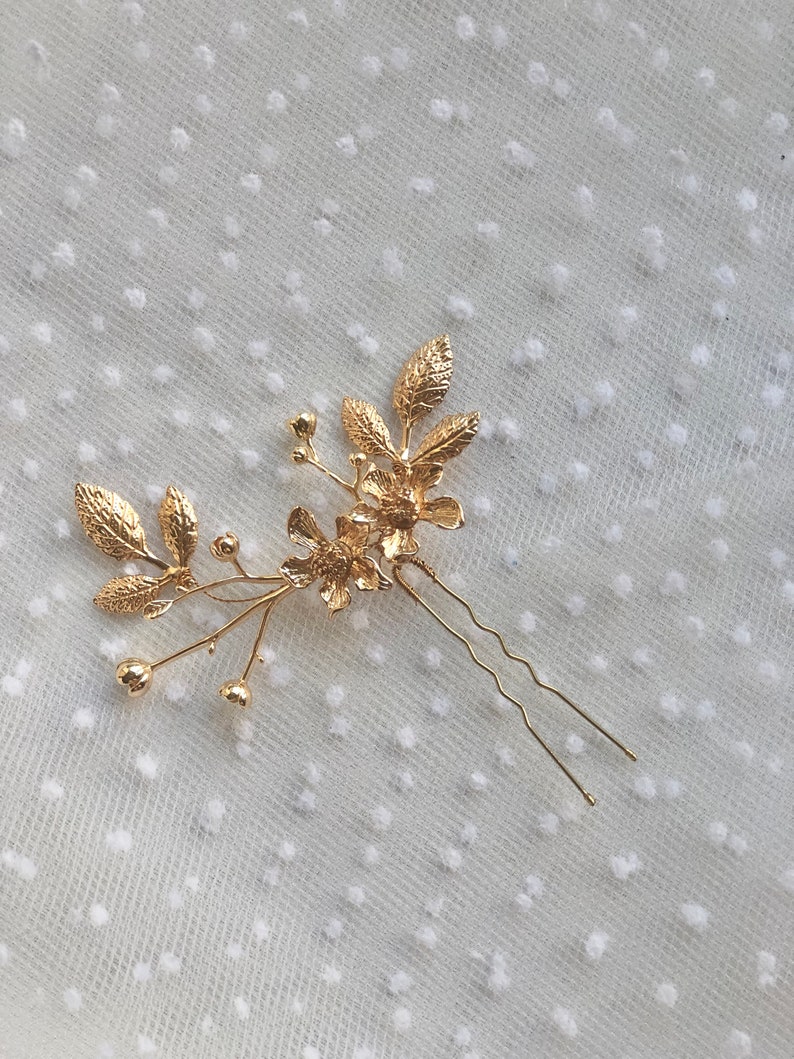 Braut Haarnadel Blumen goldfarben schlicht minimalistisch edel Haarschmuck Hochzeit Kopfschmuck Bild 2