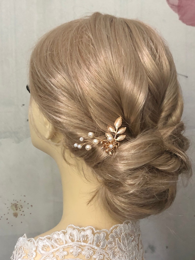 Épingle à cheveux de mariée, fleurs, perles dorées, feuilles, accessoires pour cheveux simples, minimalistes et élégants, couvre-chef de mariage image 7