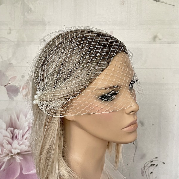 Braut Bandeau Schleier Hochzeitsschleier Brautschleier Gesichtsschleier Strass Perlen ivory Hochzeit Haarschmuck bird cage Kopfschmuck