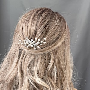 May include: A silver hair comb with pearl and crystal accents. The comb is designed to look like a delicate branch with leaves and pearls.